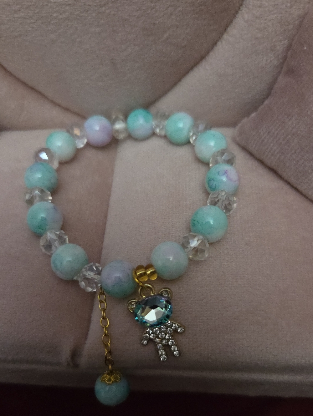 Bracelet Mint and Pastel Crystal Beaded with Gold Bear Charm NWOT